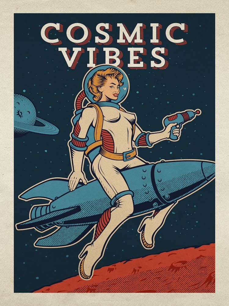 Female cosmic vibes — Vintage retro space poster, retrofuturism poster, retro space