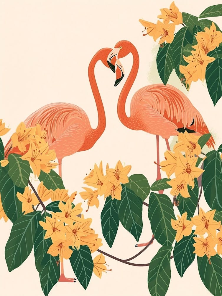 Andean Flamingo And Bougainvillea Minimalist Illustration 1
