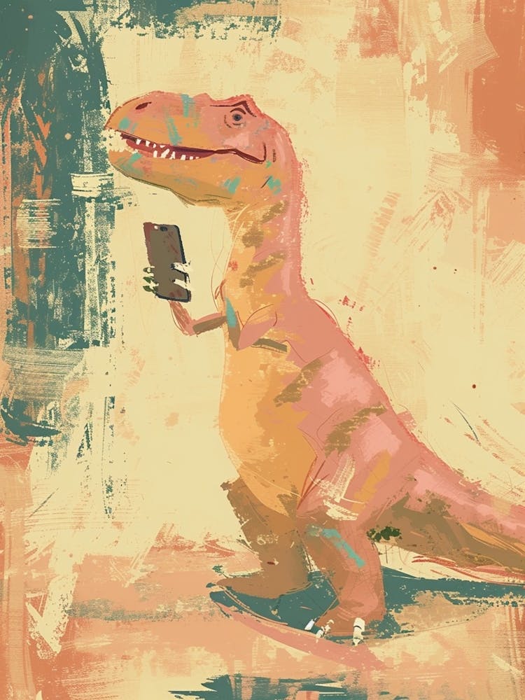 Muted Pastels Dinosaur On A Mobile Phone 2