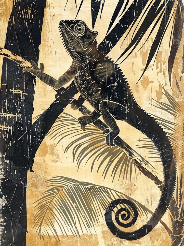 Chameleon In The Palm Trees Block Print