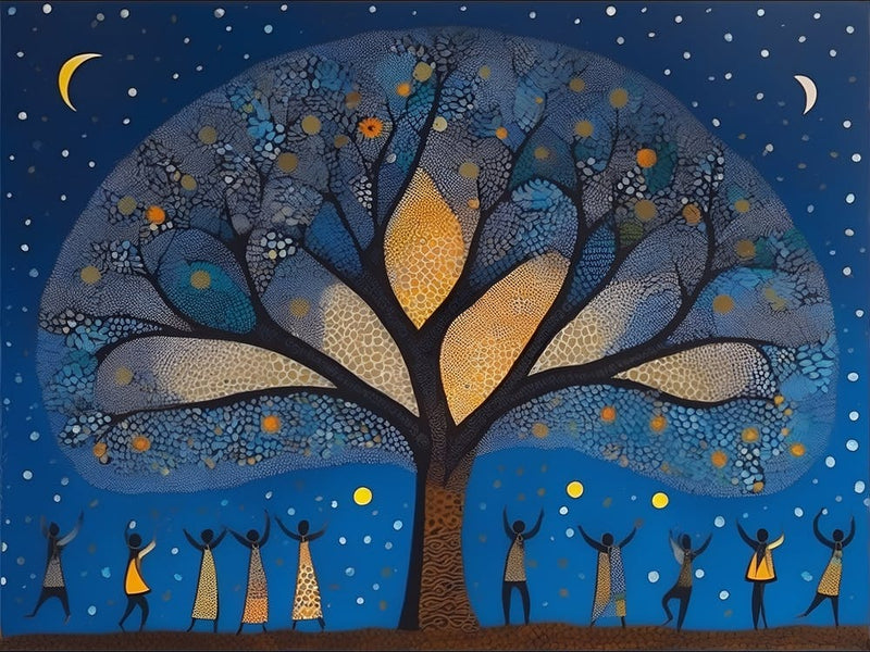 Gond Madhubani And Aboriginal Dot Painting People Dancing
