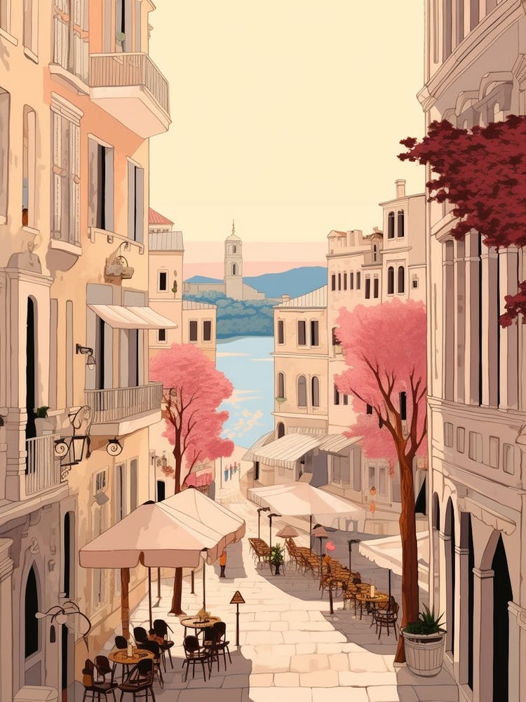 Split Croatia 1 Vintage Pink Travel Illustration