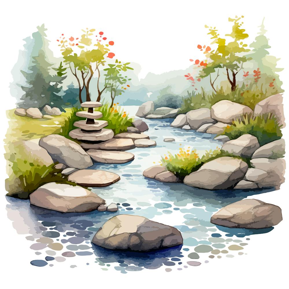 Watercolor Landscape With Rocks And Waterfall