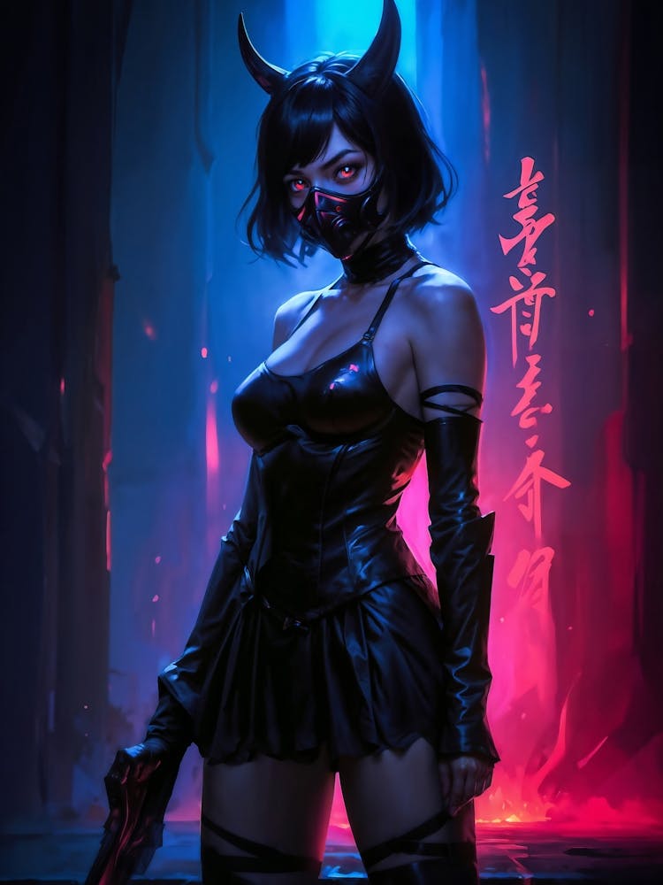 Horror girl with a scary, sexy demon zombie look. Crazy cosplay, dark hentai anime woman. Erotic fantasy with a hot female twist.