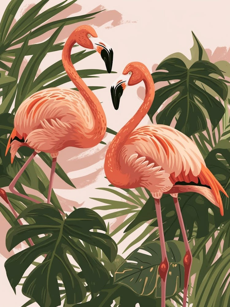 Lesser Flamingo And Monstera Deliciosa Boho Print 3
