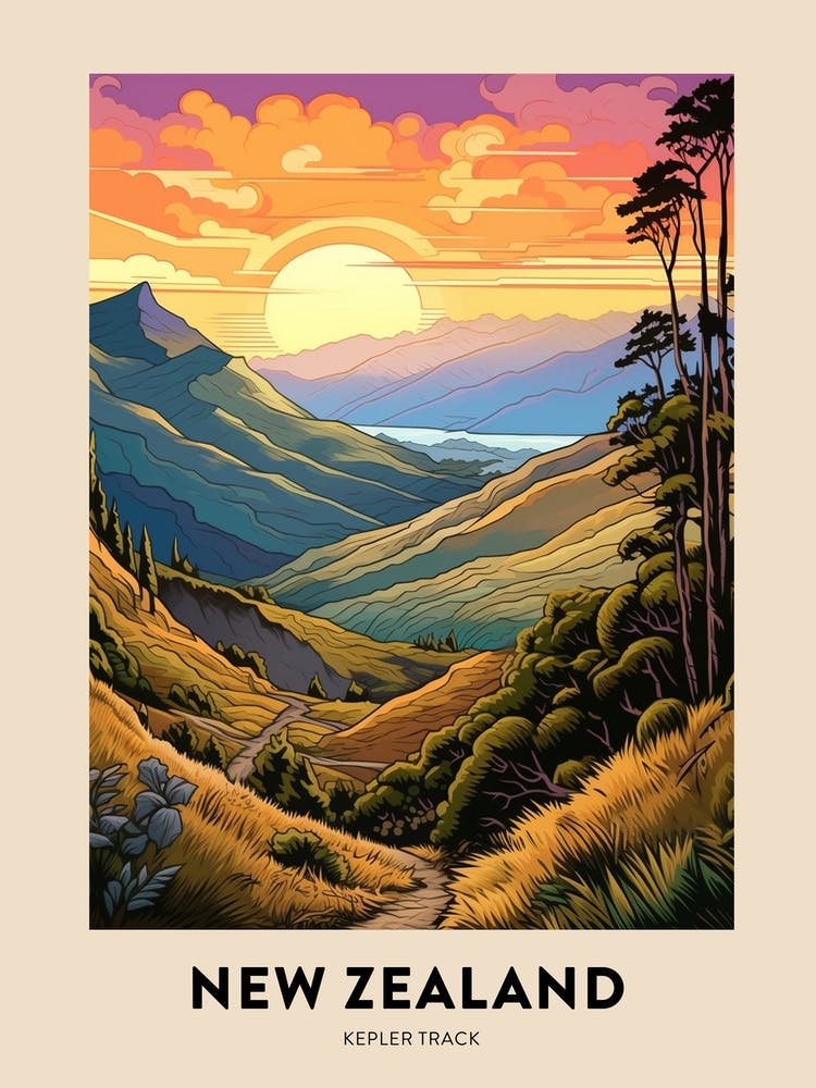Kepler Track New Zealand 1 Vintage Hiking Travel Poster