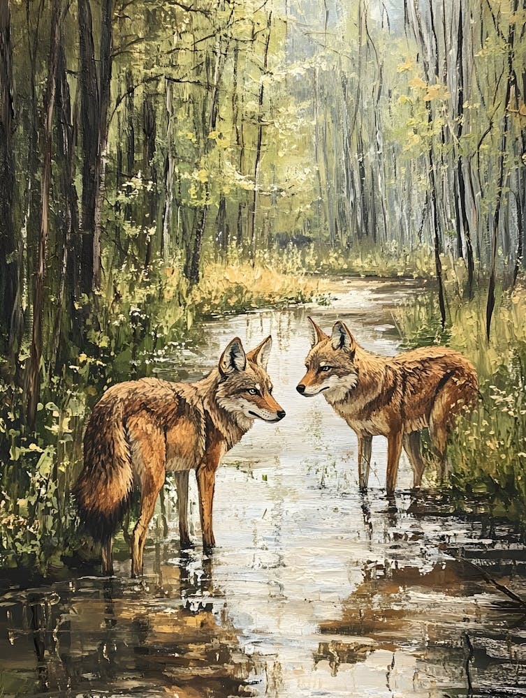 Coyotes At The Stream In The Woods