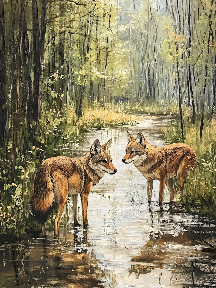 Coyotes At The Stream In The Woods