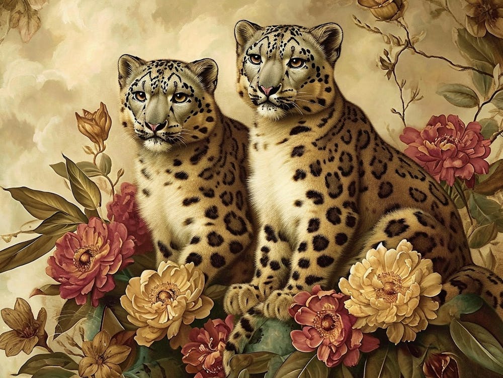 Floral Animal Illustration Snow Leopard 2