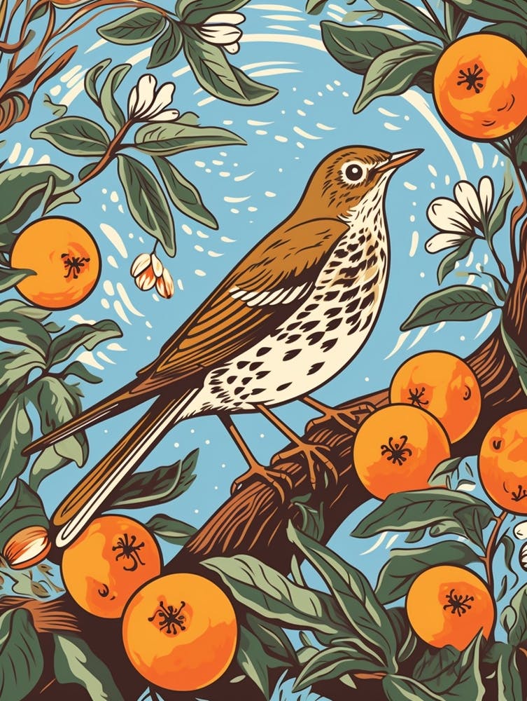 Vintage Bird Linocut Hermit Thrush 3