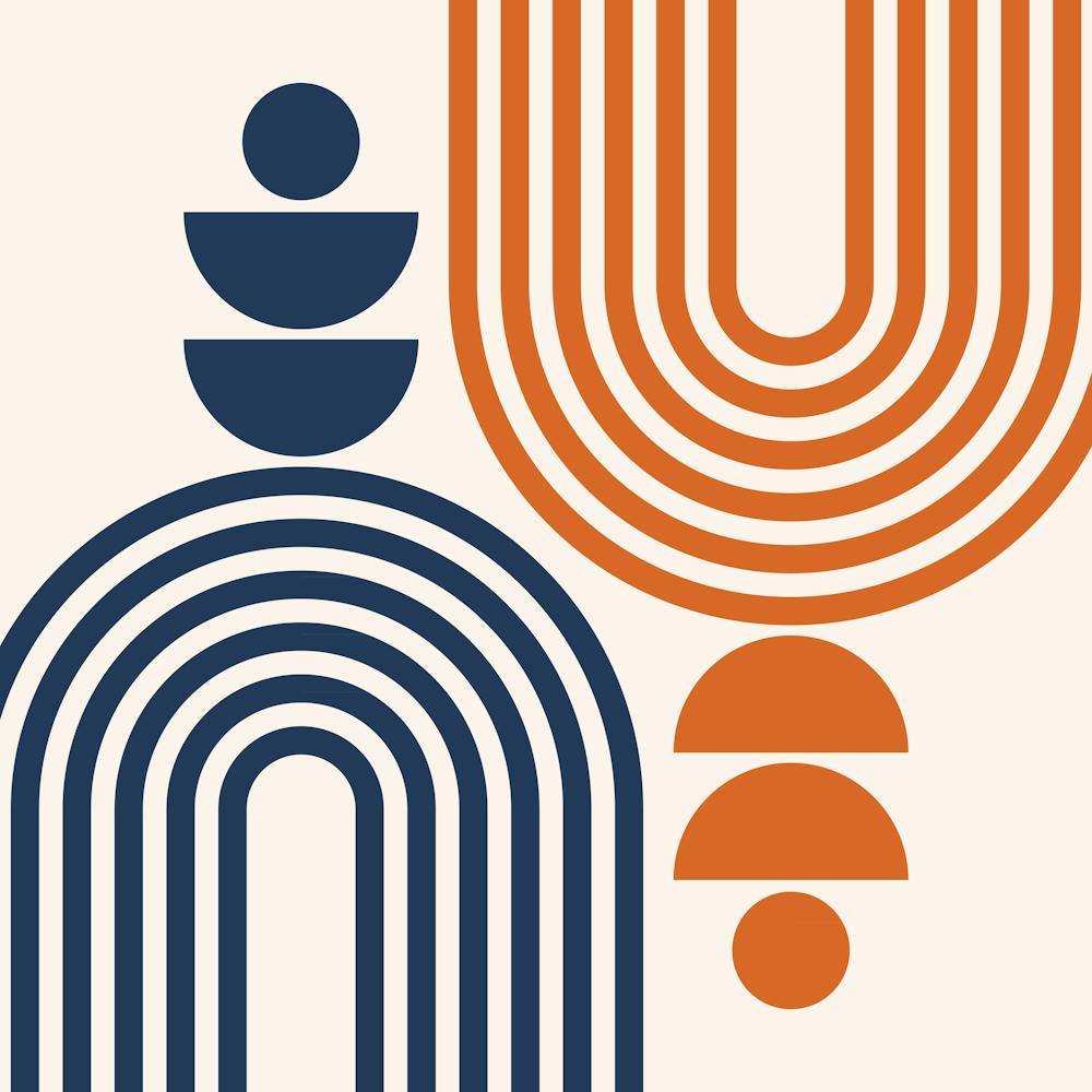 Midcentury Modern Geometric Arch Sun Abstract 3 In Navy Blue And Burnt Orange 02