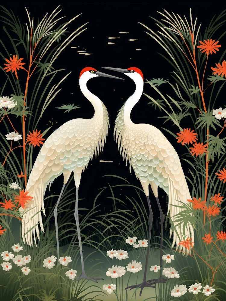 Green And Red Cranes Vintage Japanese Botanical