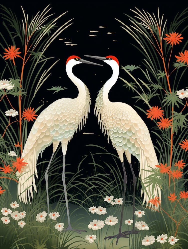 Green And Red Cranes Vintage Japanese Botanical