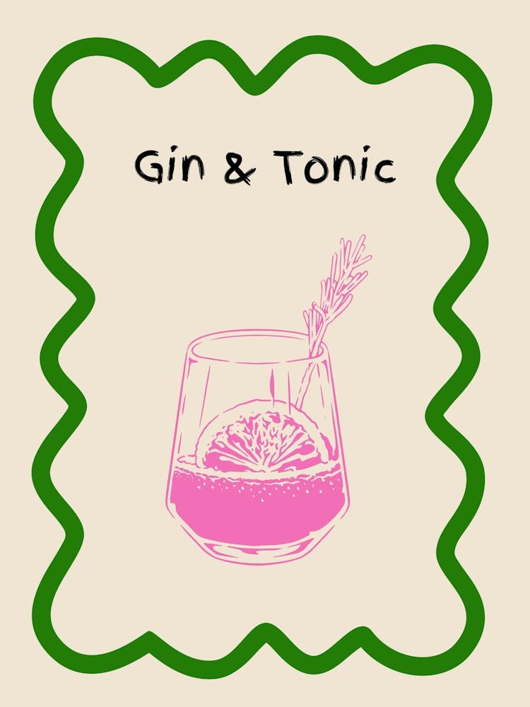 Gin & Tonic Doodle Poster Green & Pink
