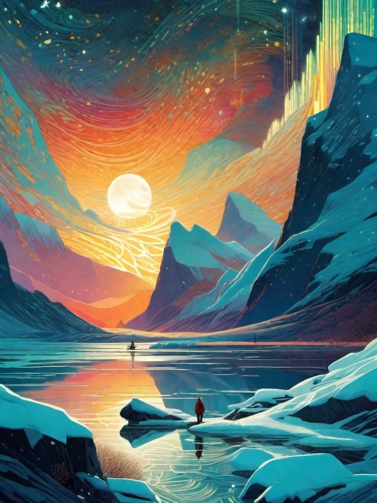 Northern Lights Moon in Iceland ~ Travel Adventure Wanderlust Winter Wall Decor Futuristic Sci-Fi Trippy Surrealism Modern Digital Mandala Awakening Fractals Spiritual Artwork Psychedelic Colorful Cubic Abstract Universe