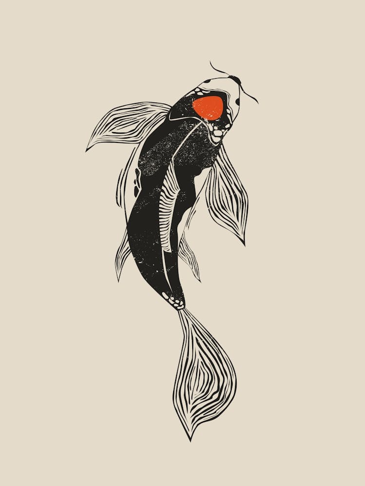 Koi Fish Linocut Style