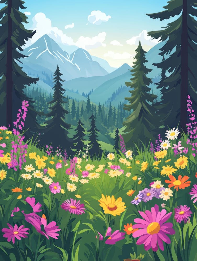 Mountain Landscape With Flowers