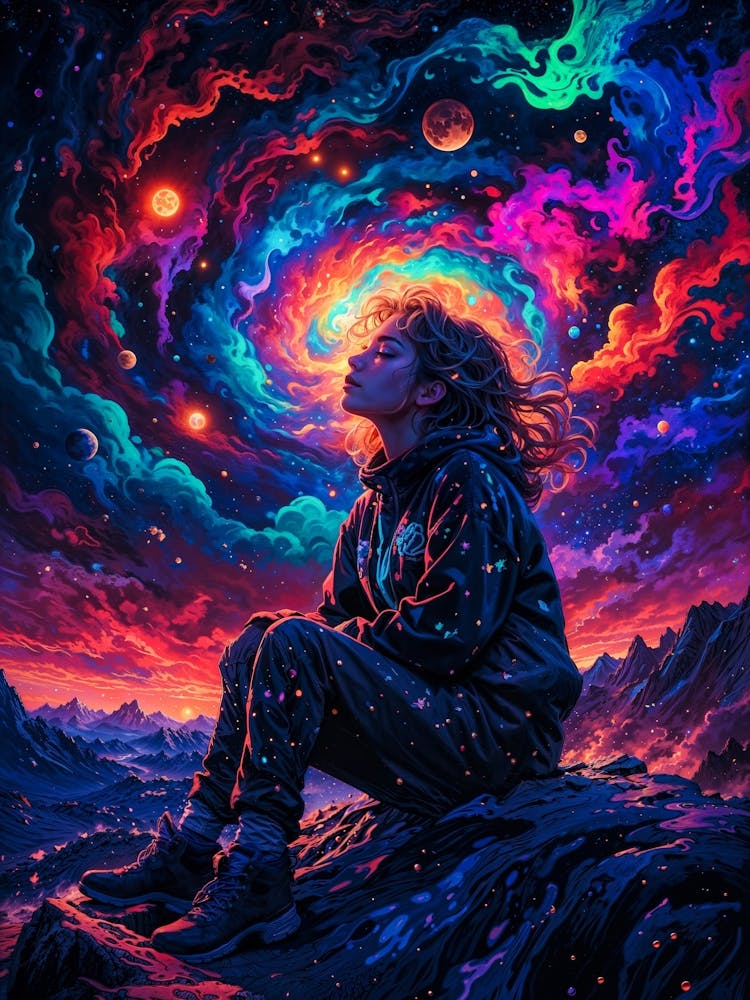 Psychedelic space girl tripping in a colorful neon universe. Dreamy woman amidst stars, black hole, and planets. Interstellar fantasy girl exploring the cosmos and Milky Way.