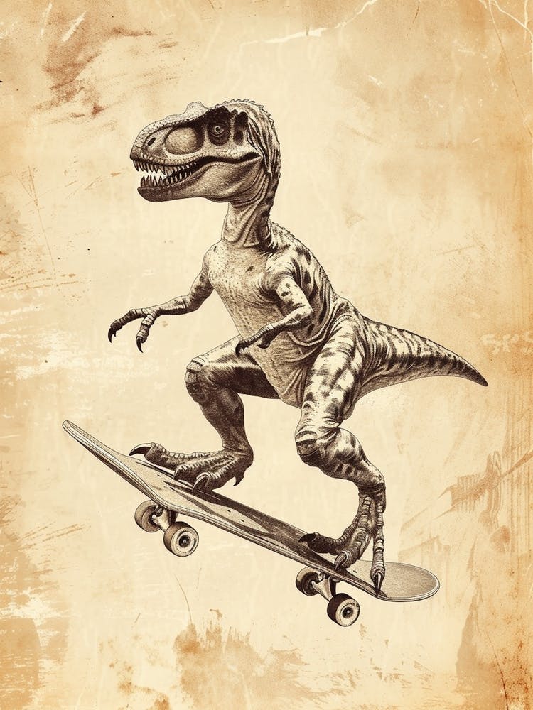 Vintage Sinornithosaurus Dinosaur On A Skateboard 1