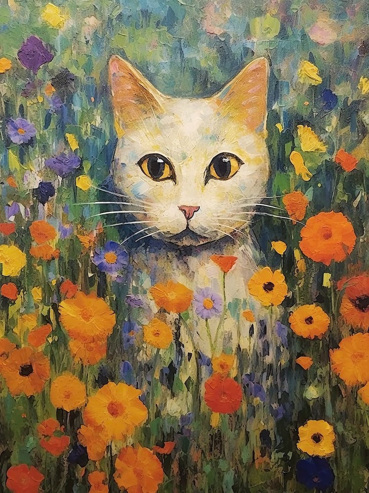 Flower Garden And A White Cat, Inspired By Klimt 2