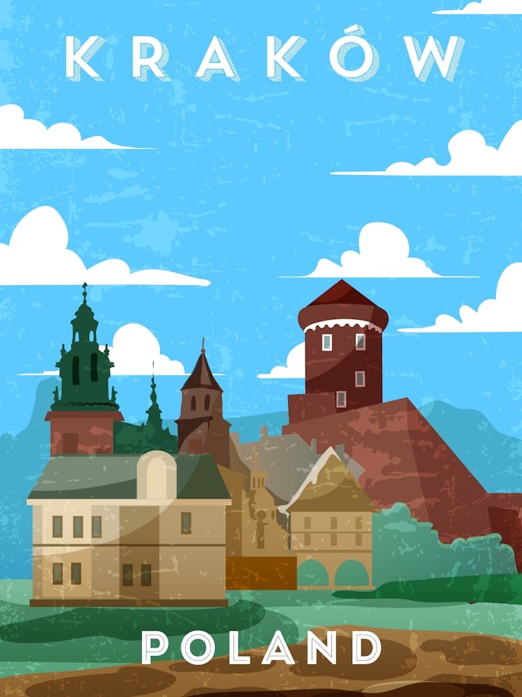 Poland, Krakow — Retro travel minimalist art poster