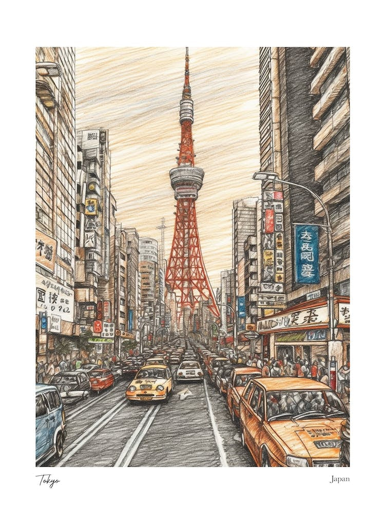 Tokyo Japan Drawing Pencil Style 3 Travel Poster