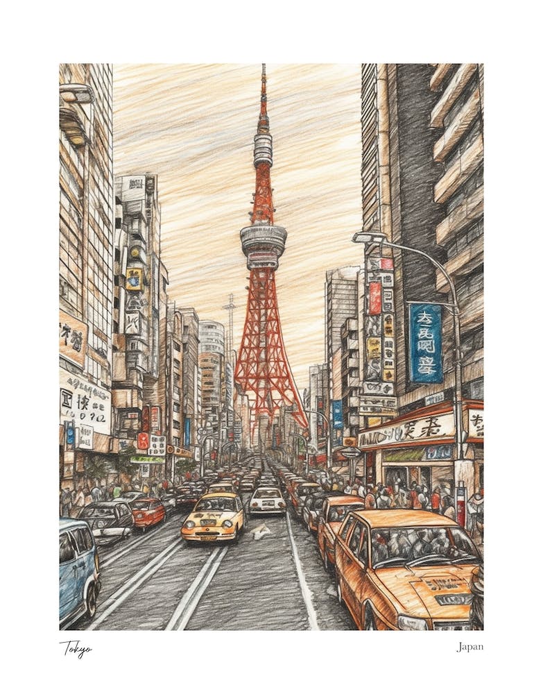 Tokyo Japan Drawing Pencil Style 3 Travel Poster