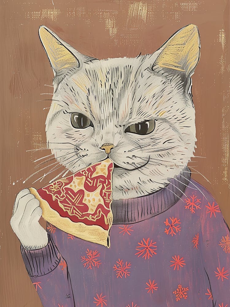 Cute Grey Cat Eating A Pizza Slice Folk Illustration 4