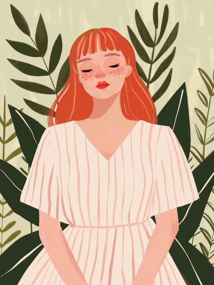 Girl In Garden. Minimalist Portrait Gouache Illustration