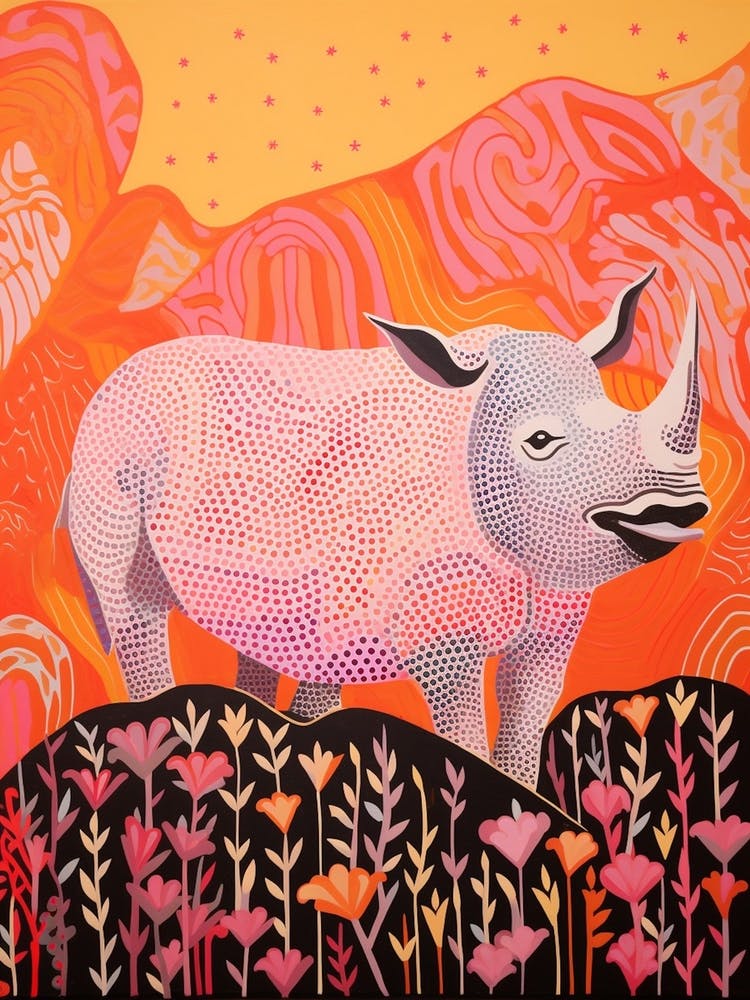 Abstract Rhino In The Nature Linocut Inspired 3