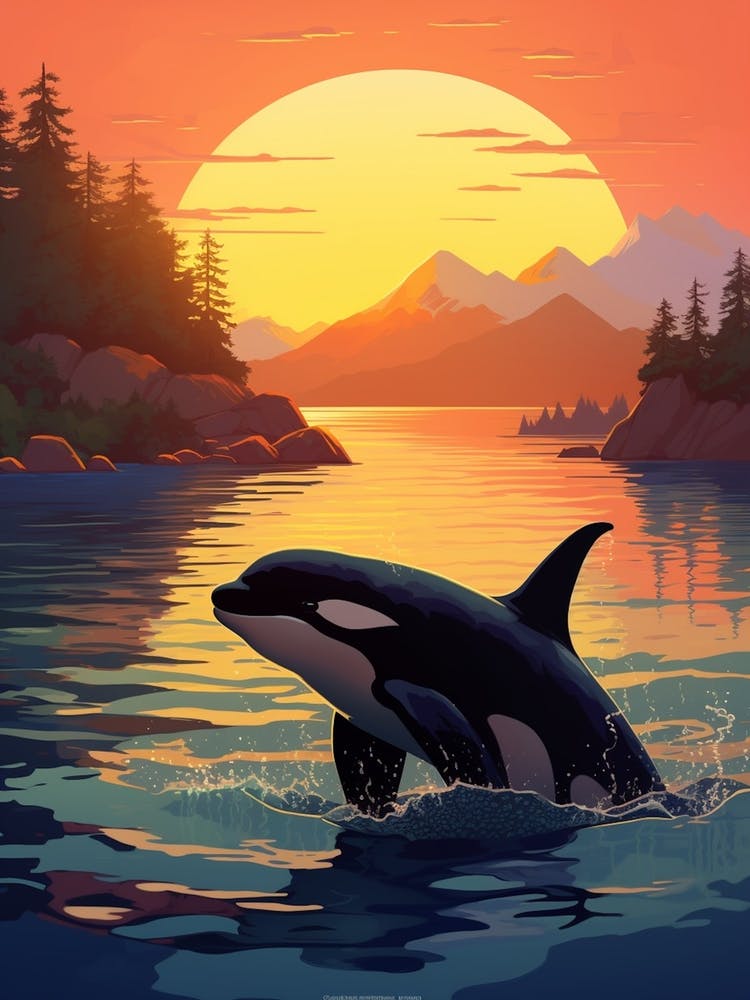 Warm Tones Graphic Design Orca Whale At Sunset 2