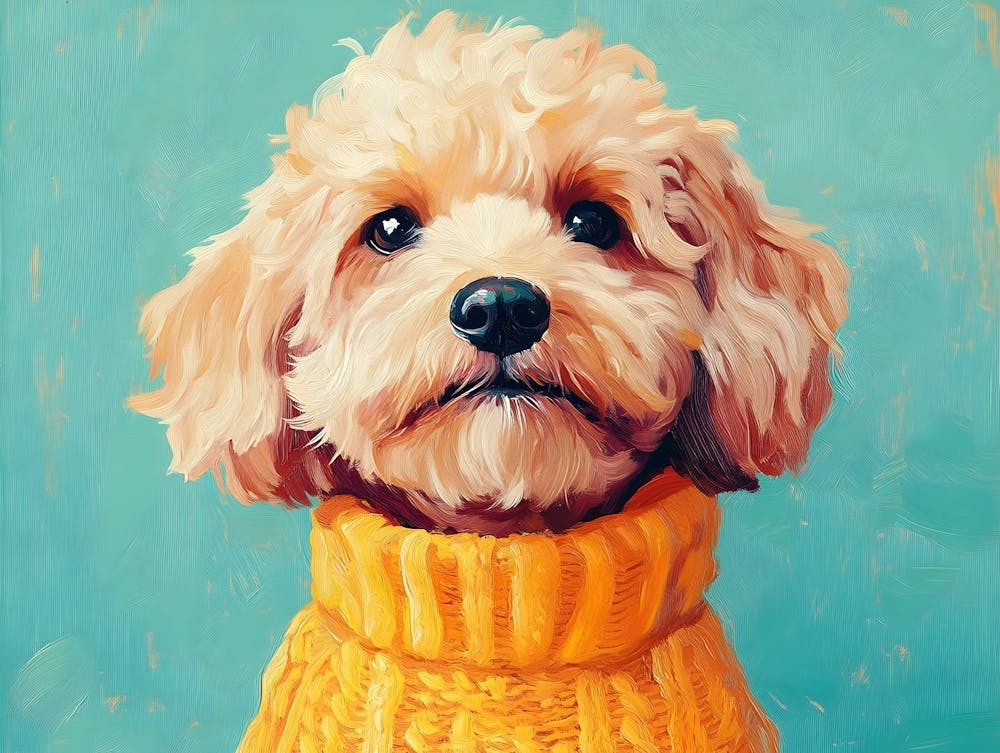 Goldendoodle In Yellow Sweater And Blue Background