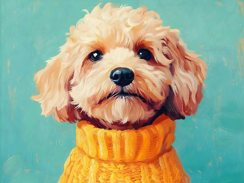 Goldendoodle In Yellow Sweater And Blue Background