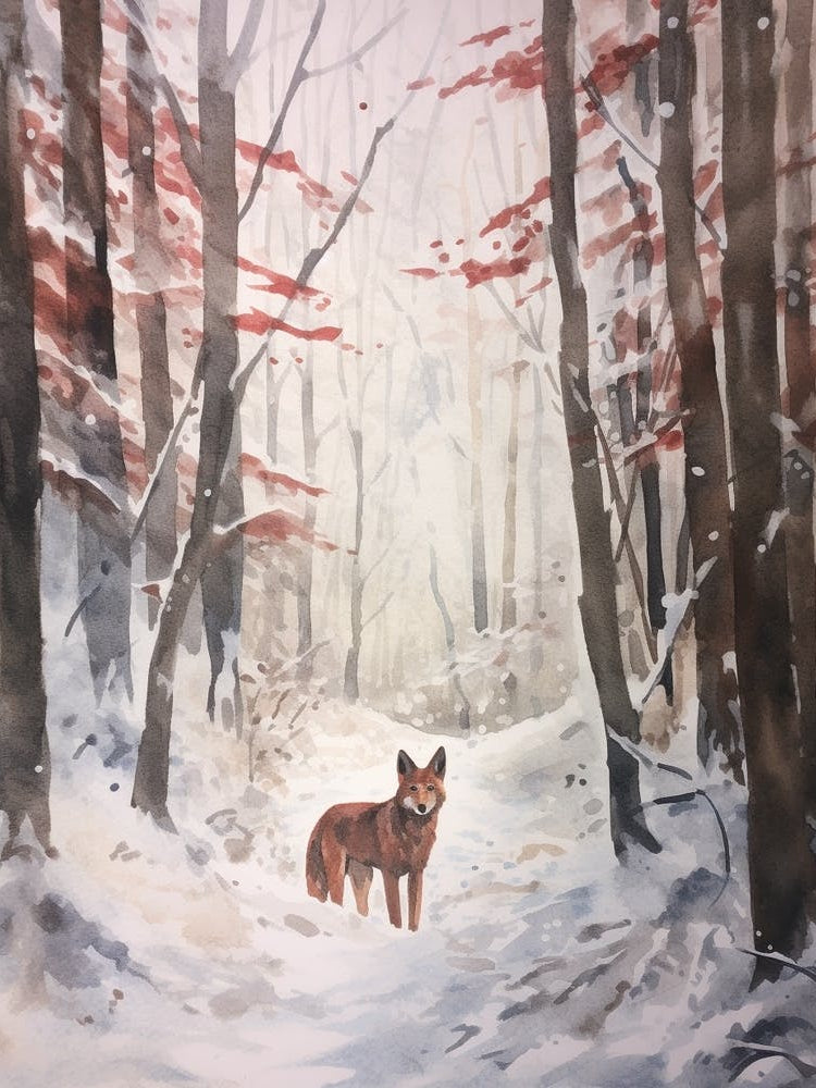 Winter Watercolour Red Wolf 2
