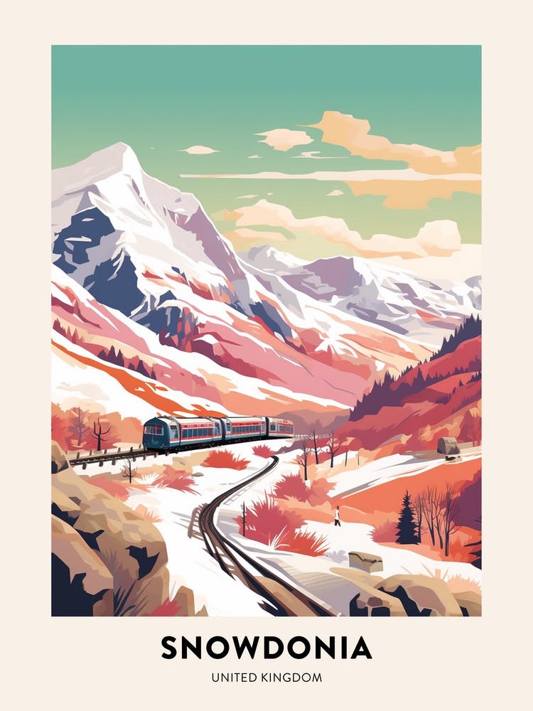 Vintage Winter Travel Poster Snowdonia National Park United Kingdom 3
