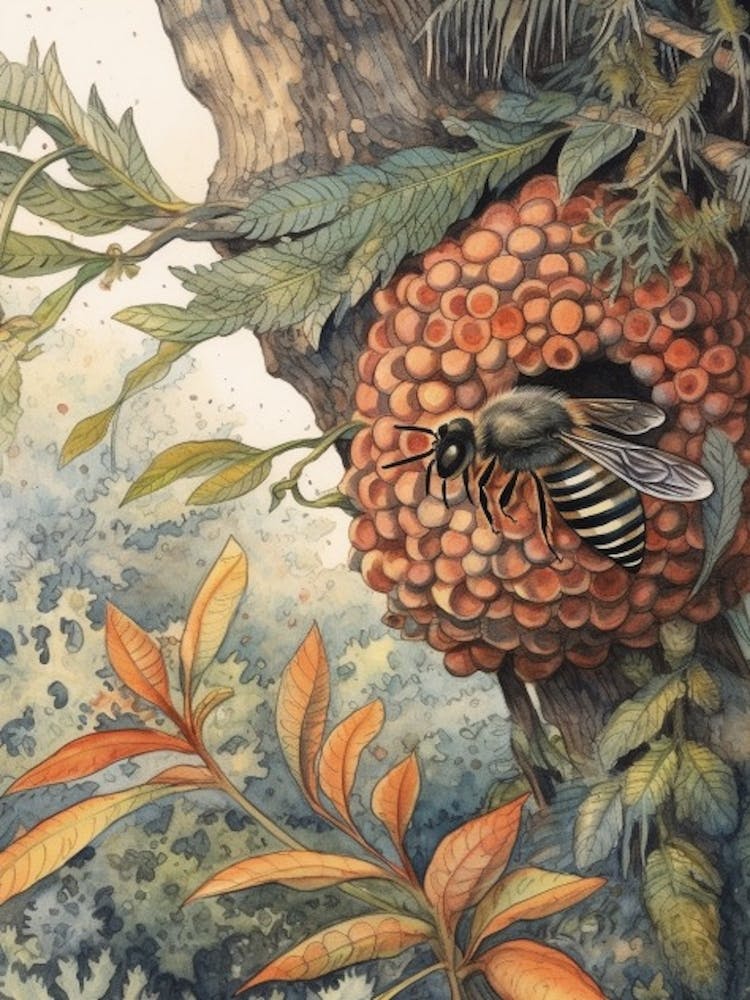 Red Tailed Cuckoo Bee Beehive Watercolour Illustration 4