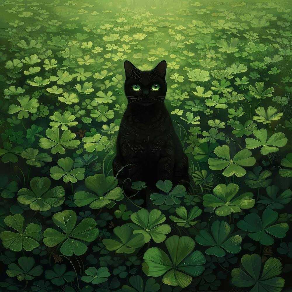 Chat noir dans les trèfles