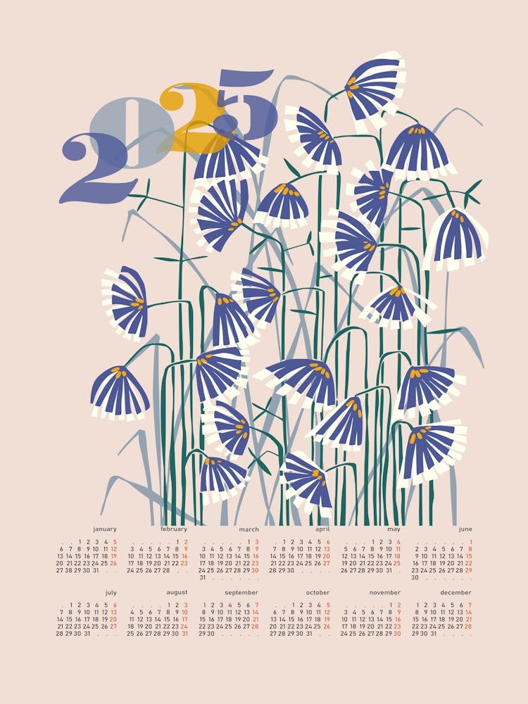 calendar 2025 Linocut flowers peachy pastel