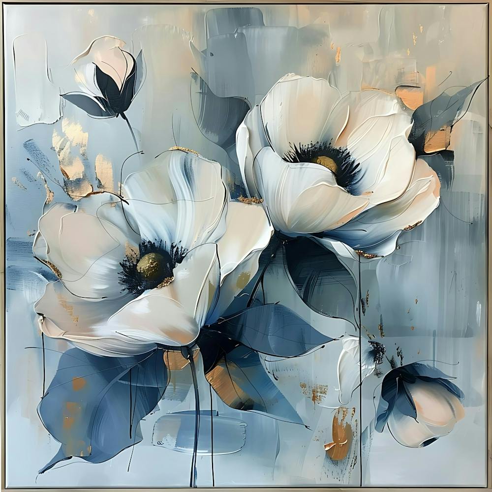 Abstract Painting Of Two Large White Poppies With Blue Grey Leaves And Gold Accents On A Light Blue Background