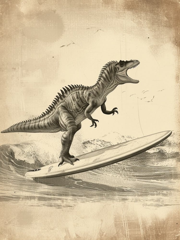 Vintage Spinosaurus Dinosaur On A Surf Board 4