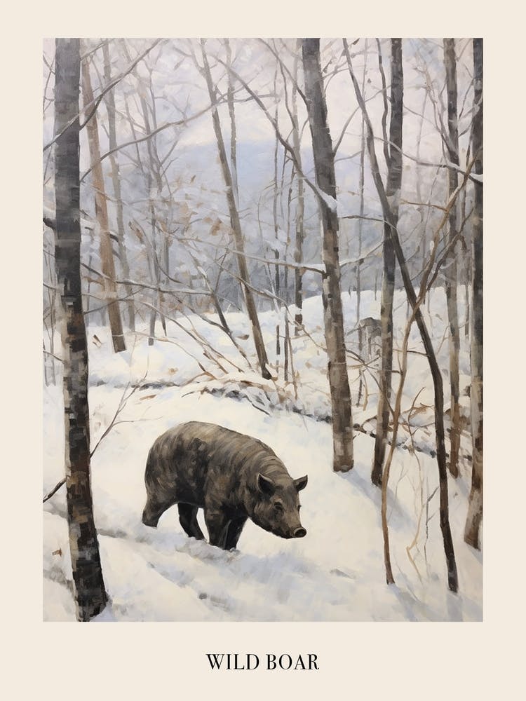 Vintage Winter Animal Painting Poster Wild Boar 4