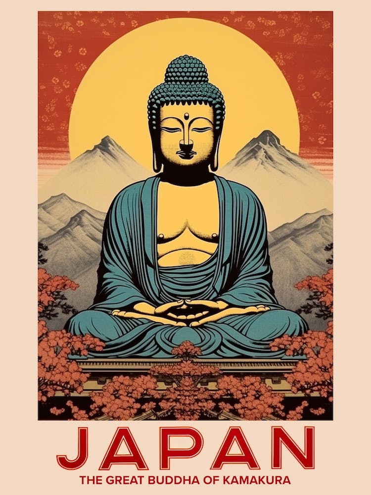 The Great Buddha Of Kamakura, Visit Japan Vintage Travel Art 1