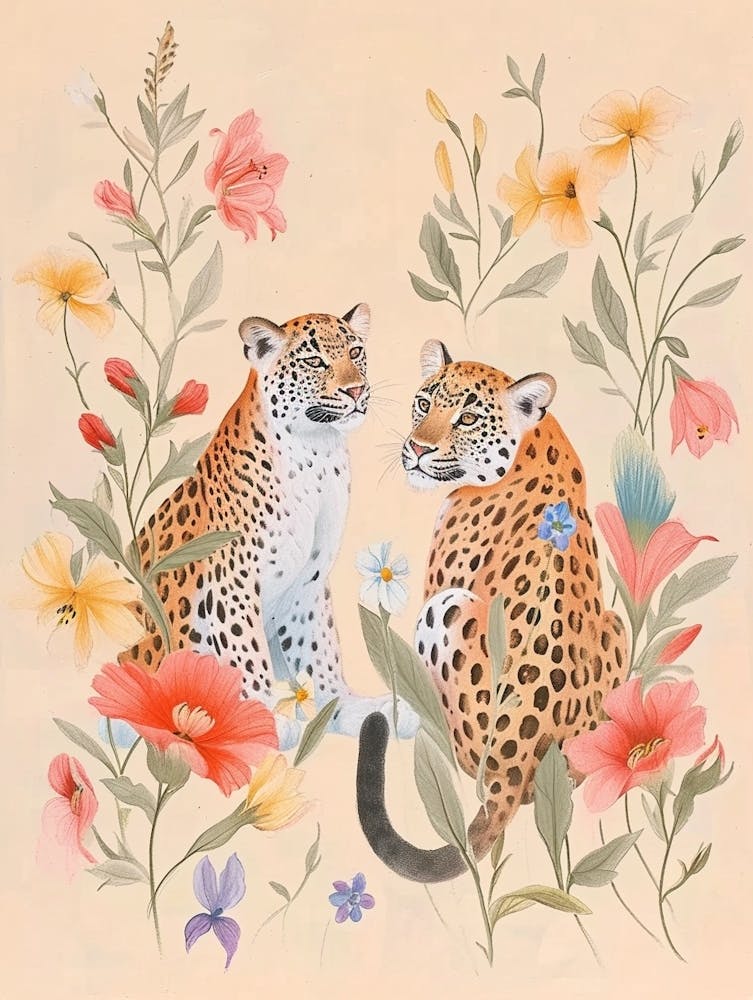 Folksy Floral Animal Drawing Leopard 2