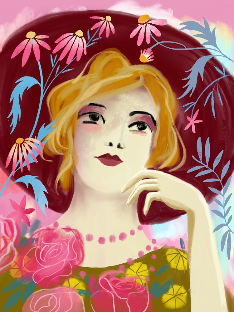 Lady With Hat And Flowers Portrait