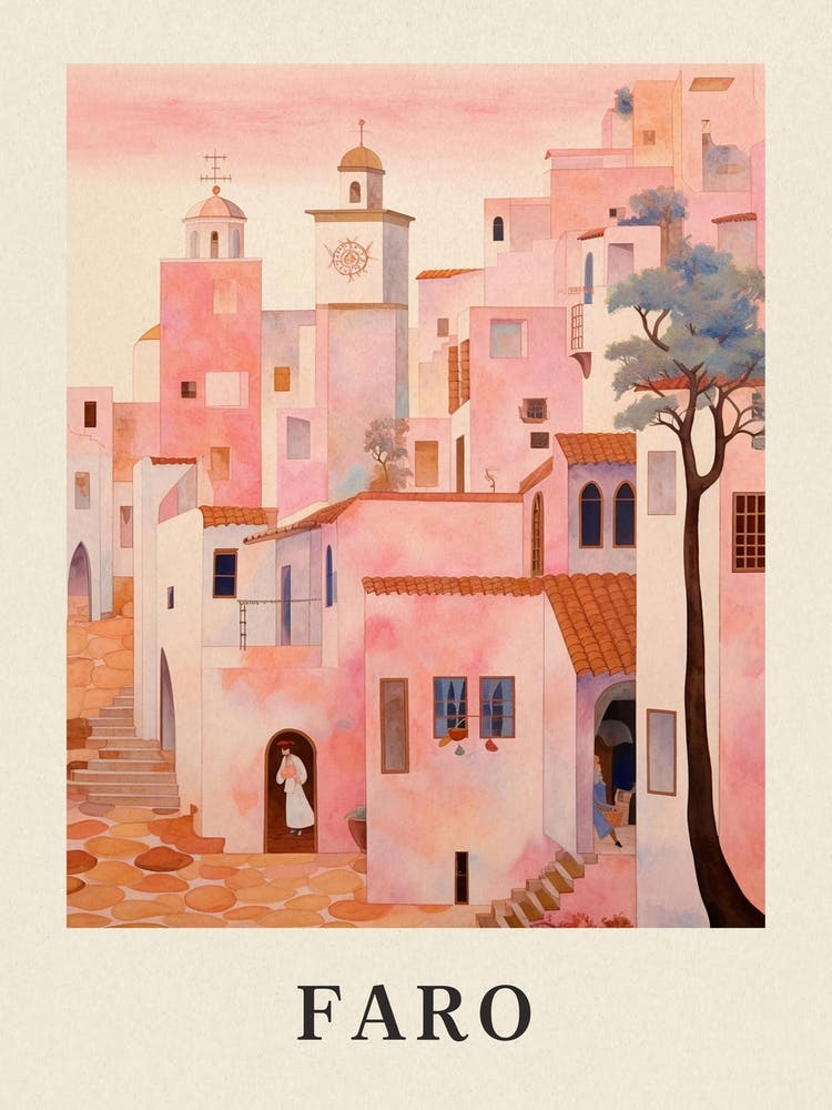 Faro Portugal 7 Vintage Pink Travel Illustration Poster