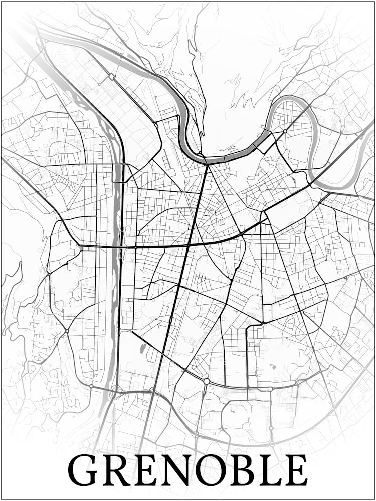 Grenoble, Isère, France, City Map, Black And White Fade Design