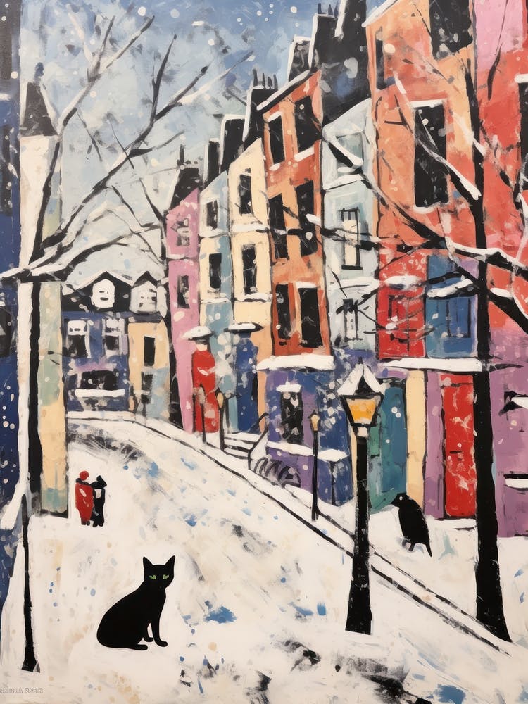 Cat In The Streets Of Matisse Style London With Snow 3