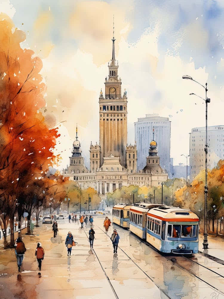 Warsaw Poland In Autumn Fall, Watercolour 3