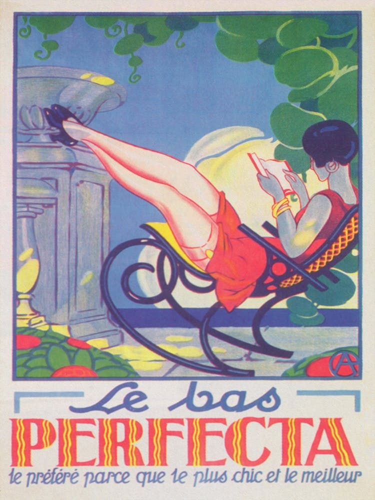 Le Bas Perfecta Stockings, Woman Reading, Vintage Poster