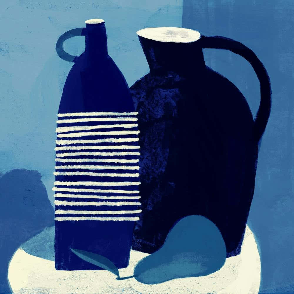 Blue Still Life With Jug And Fruit In Kitchen Square